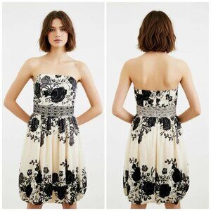 Forever 21 Women's Black Floral Beaded Waist Strapless Bubble Dress Size Medium